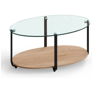 2-Tier Glass-Top Oval Coffee Table with Wooden Shelf for Living Room