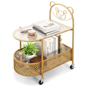 2-Tier Mobile Glass Coffee Table with Bear Pattern-Golden