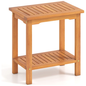 2-Tier Outdoor Acacia Wood Side Table with Slatted Tabletop and Storage Shelf