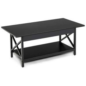 2-Tier Rectangle Coffee Table with Storage Shelf and X-shaped Metal Frame-Black