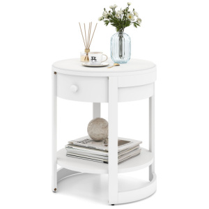 2-Tier Round End Table Mid Century Modern Nightstand-White