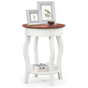 2-Tier Round End Table with Storage Shelf and Solid Rubber Wood Legs-Walnut & White