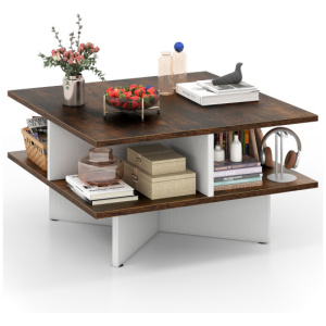 2-Tier Square Coffee Table with 4 Storage Compartments-Rustic Brown