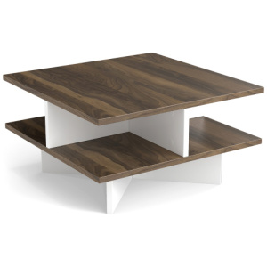 2-Tier Square Coffee Table with 4 Storage Compartments-Walnut