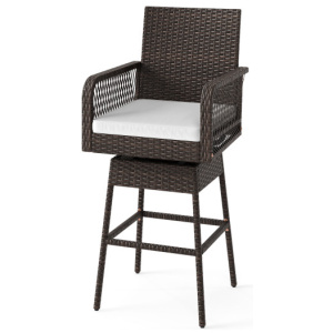 29 Inches Patio 360° Swivel Bar Stool with Cross-Woven Armrests and Seat Cushion-White