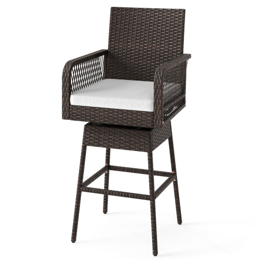 29 Inches Patio 360° Swivel Bar Stool with Cross-Woven Armrests and Seat Cushion-White