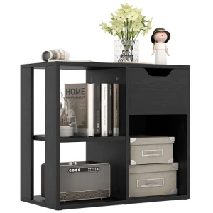 3-Cube Bookcase 2-tier Wooden Storage Shelf with Pull-out Drawer-Black