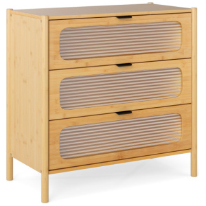 3 Drawer Mid Century Modern Chest of Drawers with Reeded Tempered Glass Front-Natural