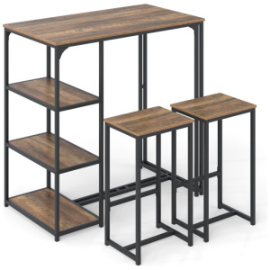 3-Piece Bar Table Set for 2 Bar-Height Dining Table with 2 Stools-Rustic Brown