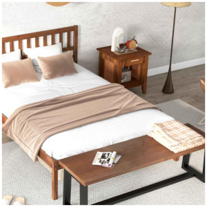 3-Piece Bedroom Bundle: Twin/Full/Queen Size Wood Bed Frame + Dining Bench 2/3 Person Entryway Shoe Bench + Rattan Nightstand End Table