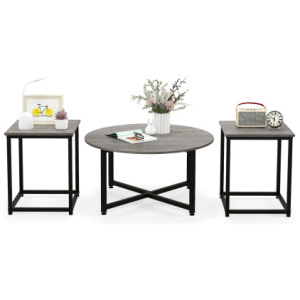 3-Piece Coffee Table Set Round Coffee Table and 2PCS Square End Tables-Gray
