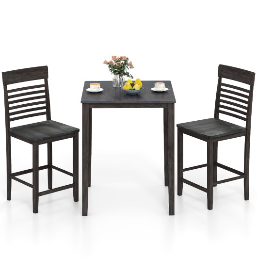 3-Piece Counter-Height Dining Table Set for 2 with Rubber Wood Frame and Footrest-Gray