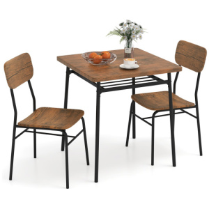 3 Piece Dining Table Set for 2 Wood Square Table with Metal Frame-Brown