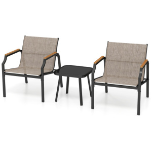 3 Piece Outdoor Chair Set with Breathable Fabric Seat and Armrests-Brown