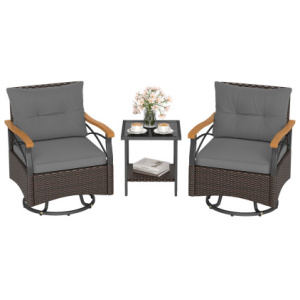 3 Piece Outdoor Swivel Chair Set with Tempered Glass Side Table-Gray