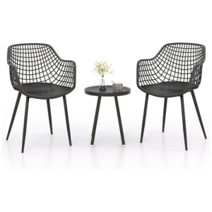 3 Piece Patio Chair Set with PP Seat and Tabletop for Porch-Black