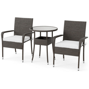 3-Piece Patio Furniture Set PE Rattan Wicker Chairs with Tempered Glass Top Table-White