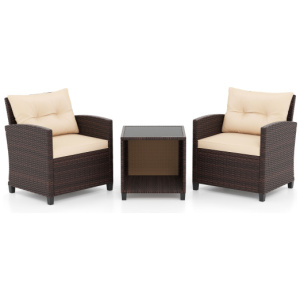3 Piece Patio Sofa Set Wicker Chairs and Coffee Table with Storage-Beige