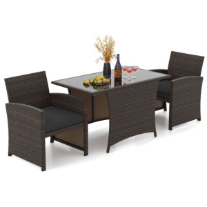 3 Piece Patio Wicker Dining Set with Rectangle Tempered Glass Dining Table-Brown