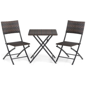 3 Piece Rattan Bistro Set Outdoor Folding Dining Table and Chairs with Wicker Seat