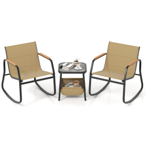 3 Piece Rocking Bistro Chairs and Side Table Set with Storage Bag-Brown