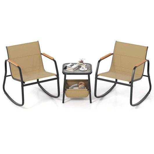 3 Piece Rocking Bistro Chairs and Side Table Set with Storage Bag-Brown