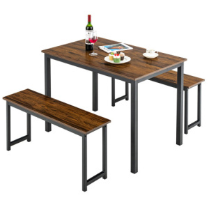 3 Pieces Dining Table Set with 2 Benches for Dining Room Kitchen Bar-Brown