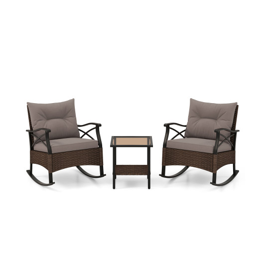 3 Pieces Outdoor Rattan Rocking Chairs Set with 2-Tier Side Table for Garden Backyard-Brown