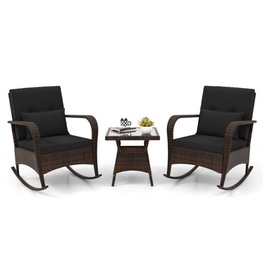 3 Pieces Outdoor Rocking Chair Set with Tempered Glass Coffee Table Black