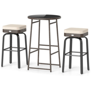 3 Pieces Outdoor Swivel Bar Set PE Rattan Bar Height Table with 2 Chairs-White