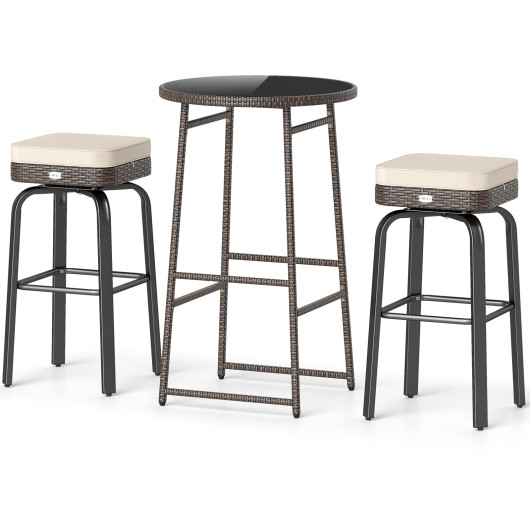 3 Pieces Outdoor Swivel Bar Set PE Rattan Bar Height Table with 2 Chairs-White