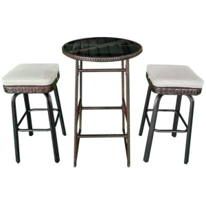 3 Pieces Outdoor Swivel Bar Set PE Rattan Bar Height Table with 2 Chairs-White