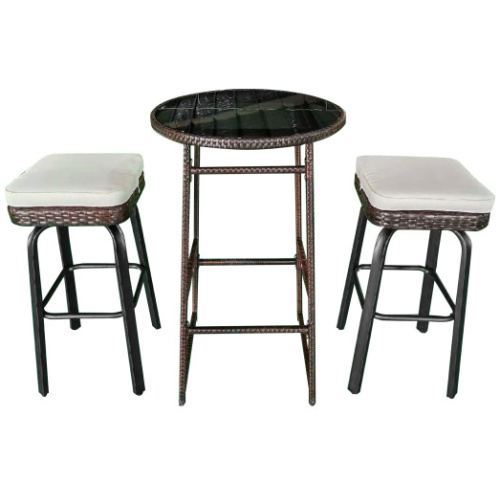 3 Pieces Outdoor Swivel Bar Set PE Rattan Bar Height Table with 2 Chairs-White