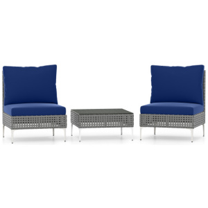 3 Pieces PE Rattan Conversation Chairs with Tempered Glass Coffee Table for Garden Porch-Navy