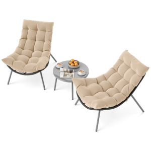 3 Pieces PE Rattan Conversation Set with Cushioned Papasan Chairs-Beige