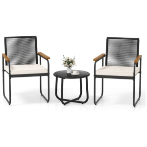 3 Pieces Patio Furniture Set PE Rattan Porch Chairs with Round Tempered Glass Top Table-White