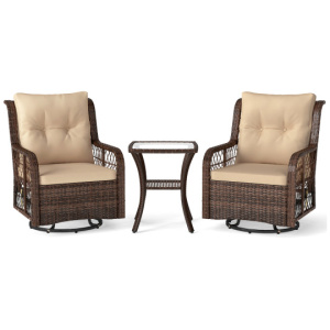 3 Pieces Patio Furniture Set PE Wicker Swivel Glider Chairs with 2-Tier Side Table and Cushions-Brown