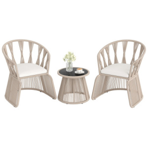 3 Pieces Patio Leisure Chair Set with Rope-Woven Armchairs and Seat Cushions-Off White