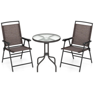 3 Pieces Patio Round Table and Folding Chairs Set with Rippled Tempered Glass Tabletop