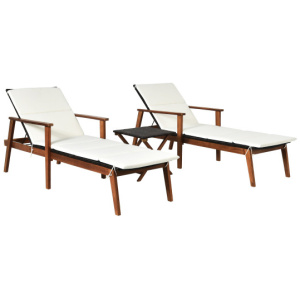 3 Pieces Portable Patio Cushioned Rattan Lounge Chair Set with Folding Table-White