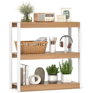 3 Tier Bookshelf Wooden Bookcase with Dual Anti-Tipping Kits-Natural