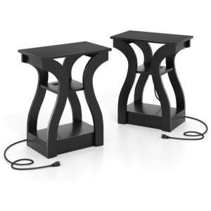 3-Tier End Tables with Charging Station Set of 2 with Open Storage Shelves-Black