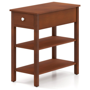 3-Tier Narrow End Table with Drawer and Storage Shelves-Brown
