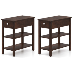 3-Tier Narrow End Table with Drawer and Storage Shelves Set of 2-Walnut