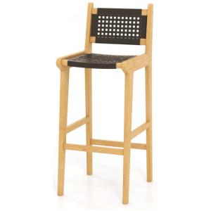 30 Inch Rattan Teak Wood Bar Stool with Backrest and Footrest