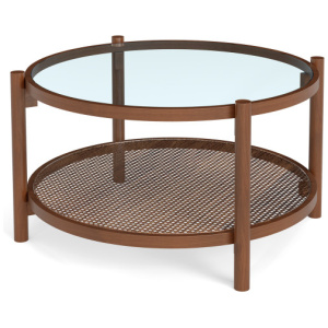 31 Inch 2-Tier Round Coffee Table with Tempered Glass Top for Living Room-Cherry