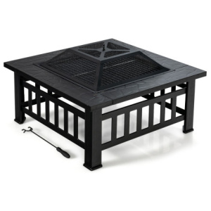 32 Inch 3 in 1 Outdoor Square Fire Pit Table with BBQ Grill and Rain Cover for Camping