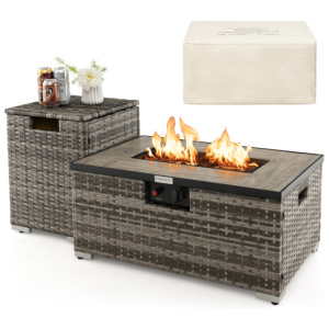 32 x 20 Inch Propane Rattan Fire Pit Table Set with Side Table Tank and Cover-Gray