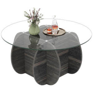 35" Round Coffee Table Unique Circle Center Table with Tempered Glass Top and Solid Wood Base-Black