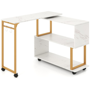 360° Rotating Sofa Side Table with Storage Bookcase and Hooks for Living Room-White